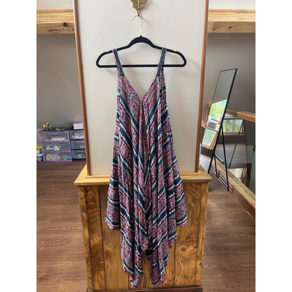 Angie Mixed Pattern Wide Leg Midi Jumpsuit Womens Large Boho Pockets Multicolor